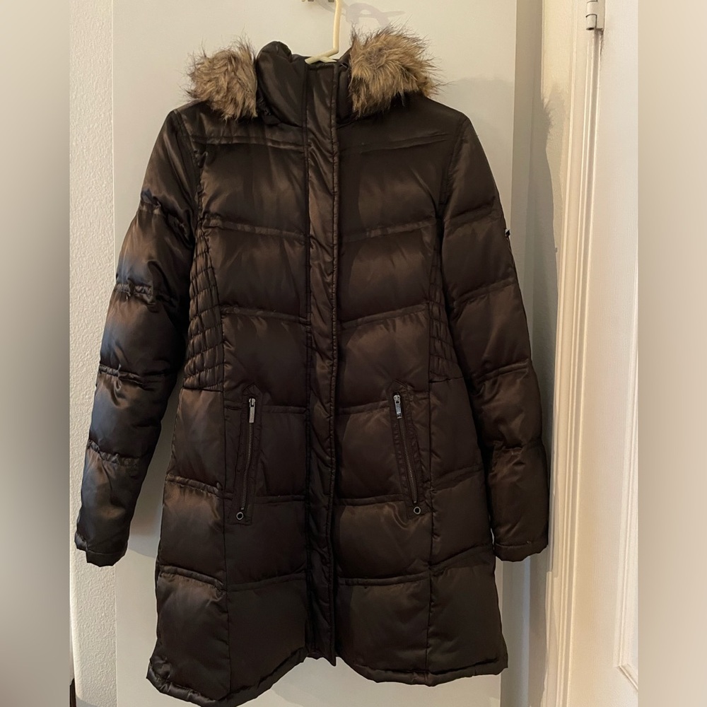 Laundry Puffer Down Jacket Coat Removable Faux Fur Hooded Collar Brown